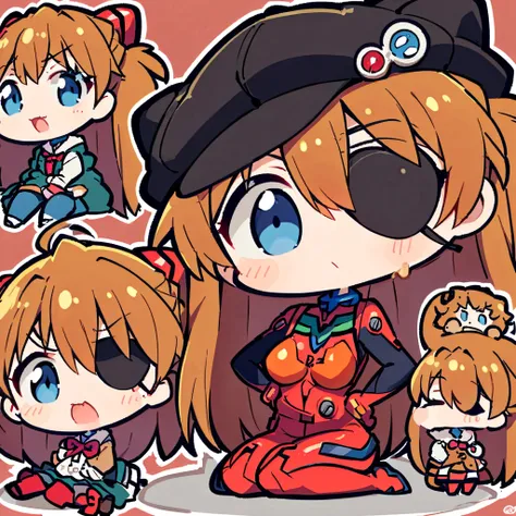 Chibi Illustrations 、 Neon Genesis Evangelion 、 Shikinami Asuka Langley sitting by the wall、 red plug suit、Eye patch（Cat hat、black）、