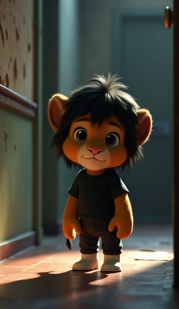 "Leo, 4 months old, male baby lion with fluffy human type long black hair , large innocent eyes, soft rounded face, wearing a tiny black T-shirt and black pant, tiny white boots, 

looking nervously over his shoulder as mysterious footsteps echo through th...