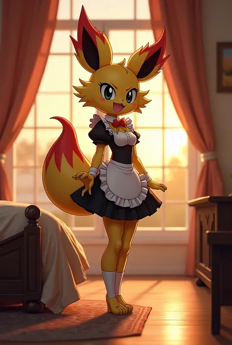 Excited expression, 1girl, anthro, furry, fur, fluffy fur, flareon girl, yellow hair (red highlights), black sclera, white eyes, short hair, Messy hair, (19 years), medium breast, thicc thighs, solo, (bedroom, mansion), sunset, detailed, smug smile, maid o...