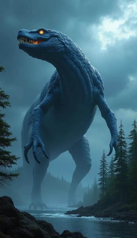 "A monstrous hybrid creature that seamlessly combines the features of a blue whale and a titanosaur. The hybrid has the massive aquatic body and fins of a whale, merged with the thick, scaly skin and powerful limbs of a titanosaur. It also features a long ...