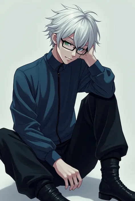 White haired anime boy, of approximately 19 years old , with one left eye green and the right eye blue and with black glasses, with loose black pants and a dark blue shirt with zip and high collar and leather Chelsea boots 