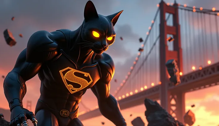 3d cartoon pixar style.A 3D humanoid feline superhero in The Incredibles style. The character is a large, muscular black cat with short black fur and glowing yellow eyes, wearing an all-black futuristic superhero costume with shiny details and a golden Sup...