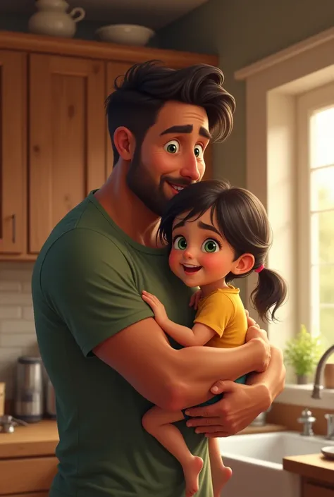 Create an image of a father with his four-year-old daughter in his arms in the kitchen. The father has tanned skin , dark hair and green eyes,  the daughter has green eyes , fair skin and dark hair.