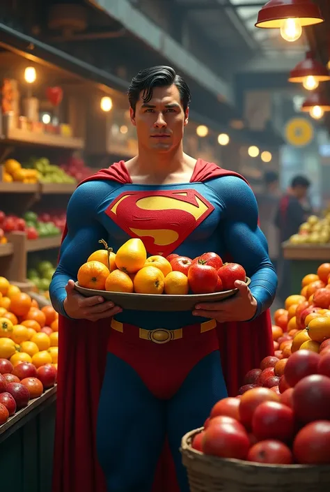 Superman holds fruit in fruit shop to be merchant