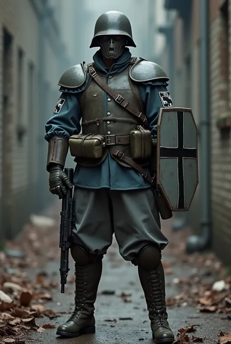  German soldier. Assault troop  .   gray military pants  . [blue blouse.   19th century metallic cuirass . military boots.   Metal knee braces  .   Pickelhaube helmet with a smooth iron mask with two eye holes.  Grenade on belt  .   Large rectangular gray ...