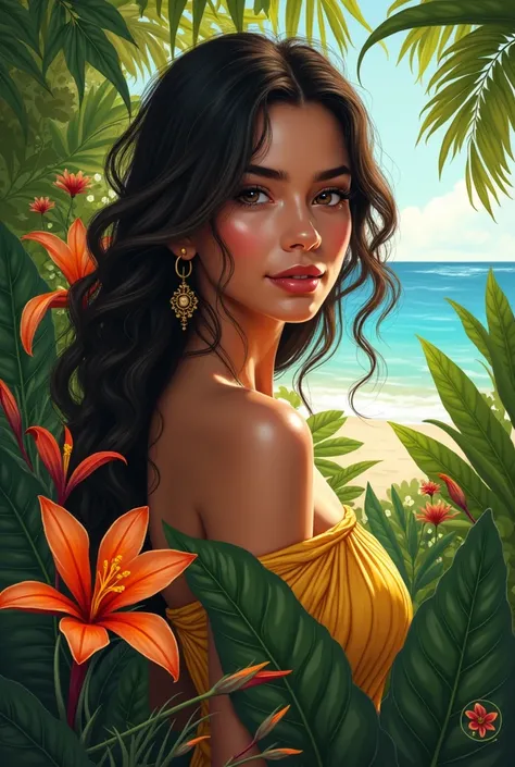  A Brazilian woman in a lush tropical garden,At the beach close capturing the harmonious beauty between your breasts and natural flowers,  showing your natural charm and outgoing personality.
