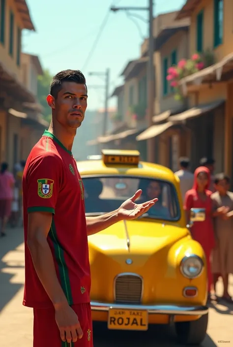 Ronaldo wearing a Portugal jersey standing next to an Indian yellow taxi on a village street hailing passengers,He is calling passengers with his hand 
