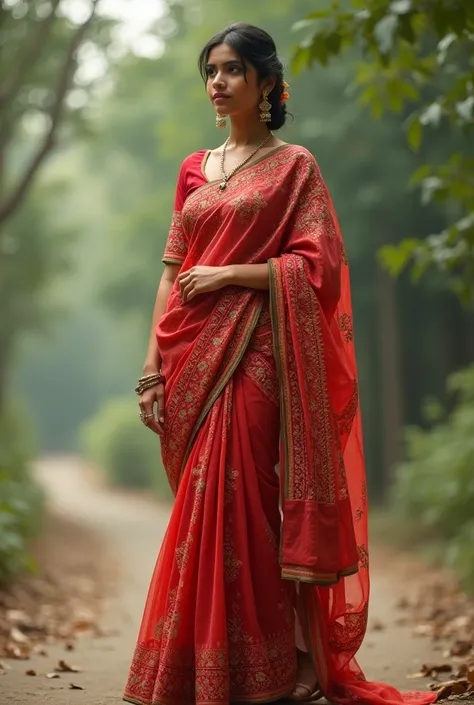 Bangladeshi woman traditional dress. The saari without blouses. Ful body image. Do not give blouse. Without bra.