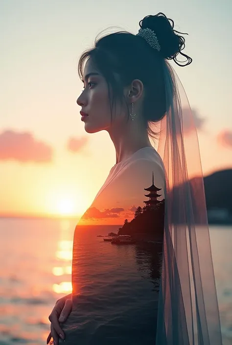 high quality, 8K Ultra HD, A beautiful double exposure that combines an goddess silhouette with sunset coast, sunset coast should serve as the underlying backdrop, with its details incorporated into the goddess , crisp lines, The background is monochrome, ...