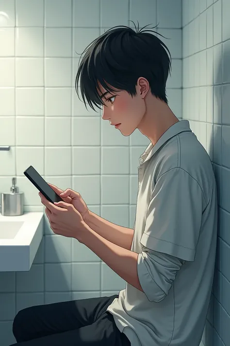 A man using phone in bathroom. Anime pic look realistic. Ratio of pic must be 9:16