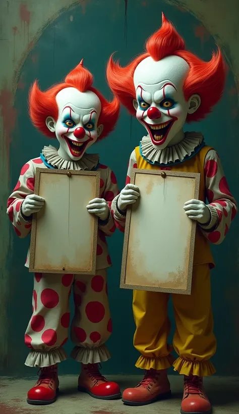 Male and female clowns sneer sarcastically while holding blank signboard. In various shape and colours. Creepy and eerie background.