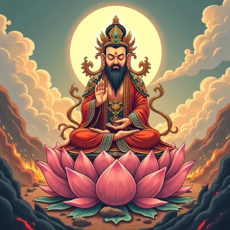 Ksitigarbha Bodhisattva sitting on lotus seat with staff in hand, war background, cute cartoon style