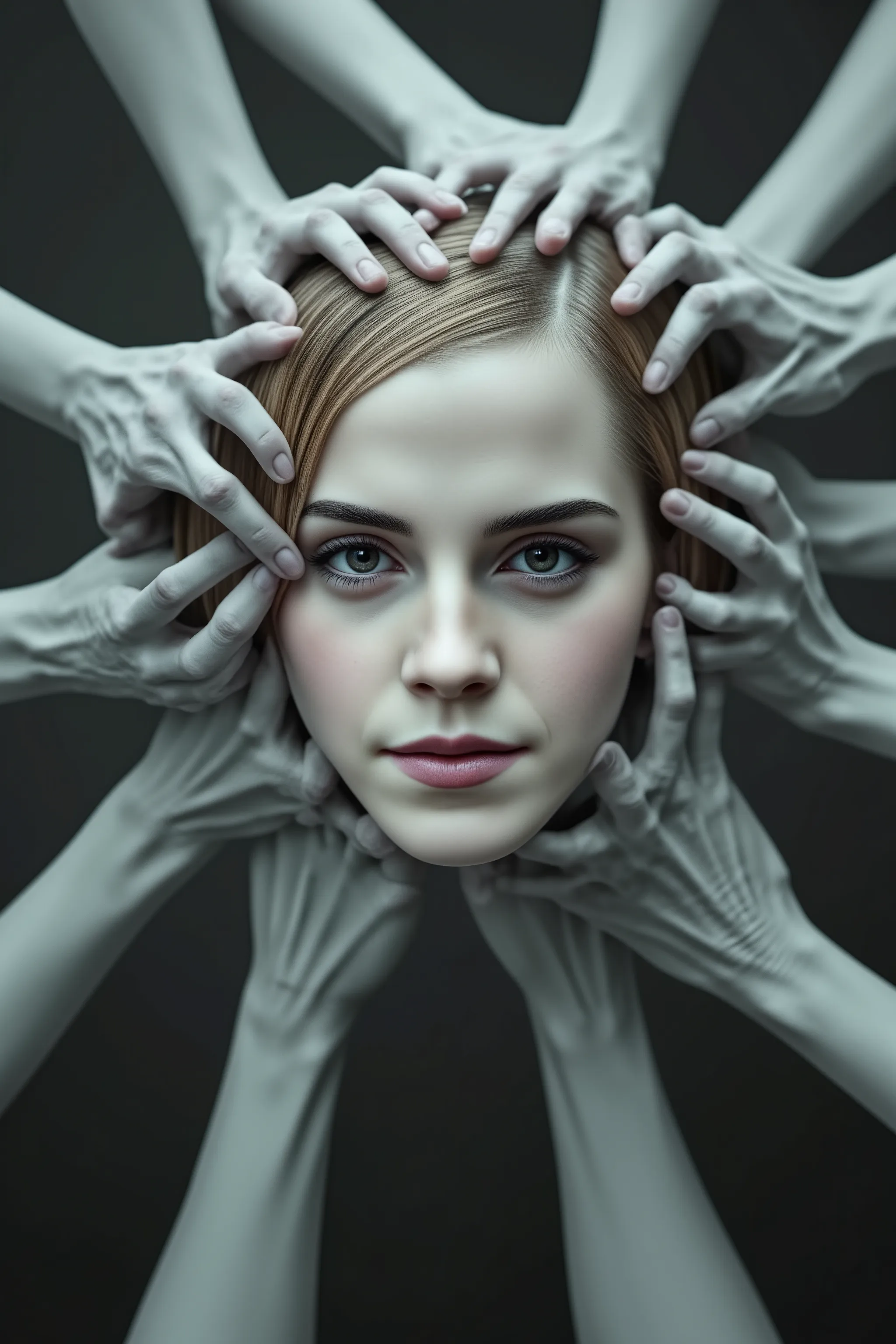 (masterpiece, best quality, high resolution), white zombie hands emerging from a singularity, emma watson's face looking at view...