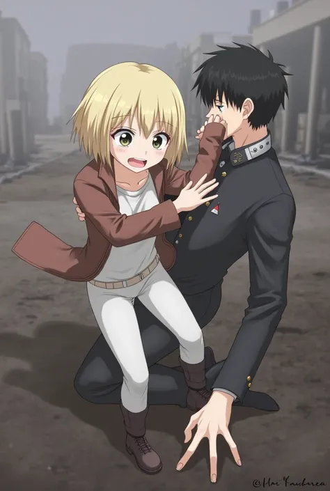 Cie a Personagem Zoey  ( Short Blonde White Clothes and Brown Jacket )  Being Hit by Blake Beards Short Black Hair  (My World Dead Rebirth Story )  Shes Being Beaten in a Simple Anime Picture