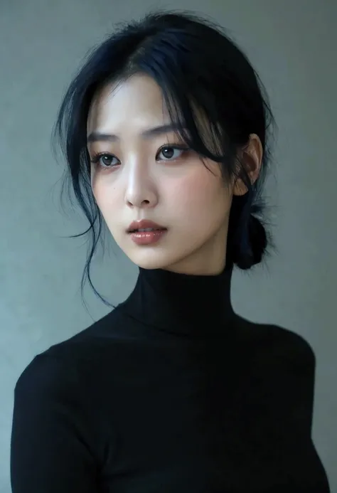 make a pretty Asian woman with dark blue hair look serious and dressed in a black turtleneck blouse