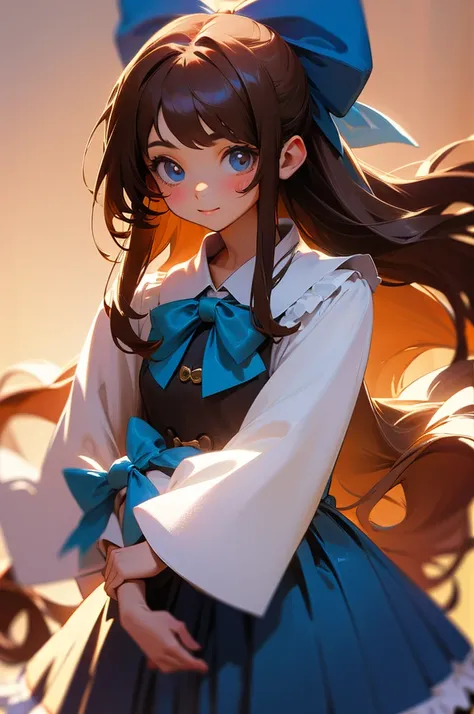 Create a cute  girl with long brown hair with a blue bow and dressed in a national costume