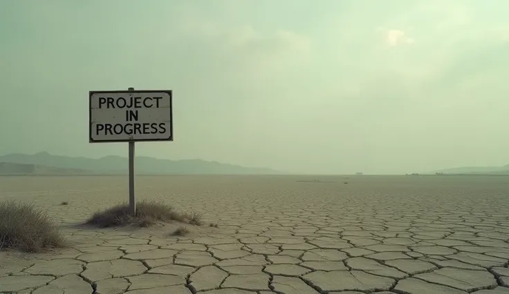 A dry lakebed with cracked earth in the foreground and a distant sign reading "Project in Progress," symbolizing unfulfilled promises.
