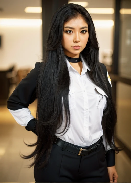 masterpiece,best quality,higher, asian,(brown race),dark skin,most very long jet black hair,1lady,heavy looking hairstyle,fluffy hair,frizzy hair,most very wolf hair,shiny jet black hair,thick hairstyle,female jail officer,black uniform,black pants,high re...