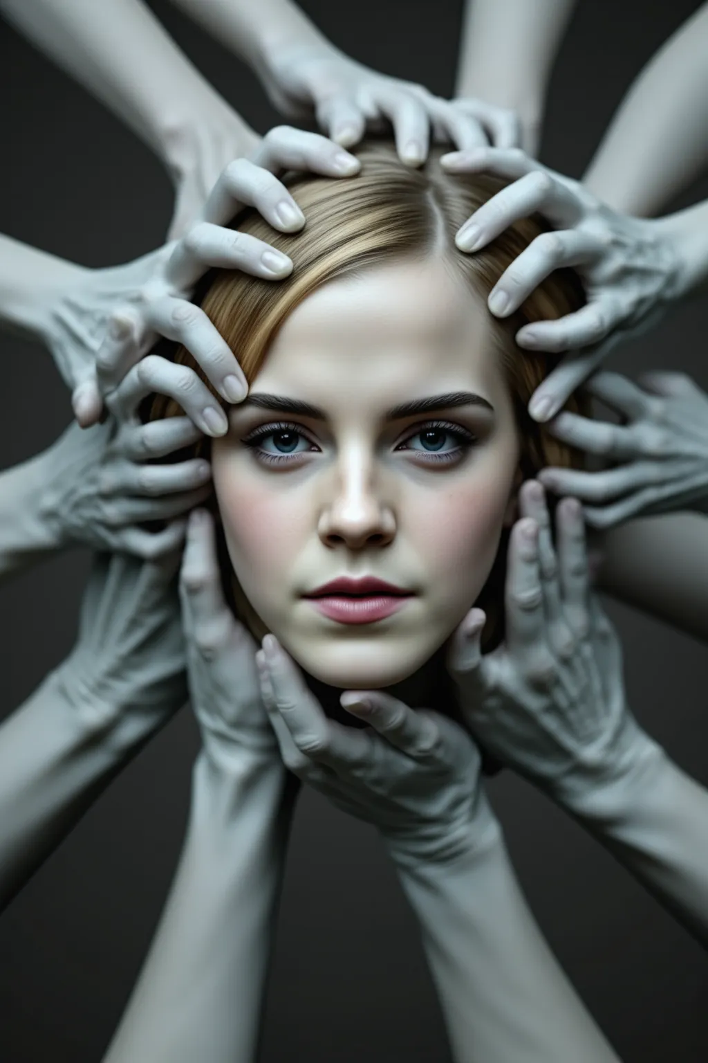 (masterpiece, best quality, high resolution), white zombie hands emerging from a singularity, emma watson's face looking at view...