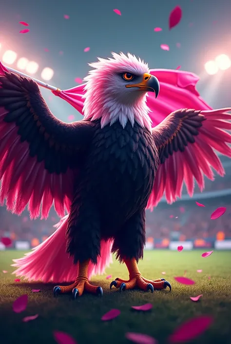 Black and pink eagle soccer mascot with flag in hand