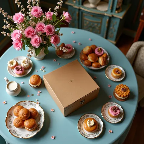 Top view of an antique dining table decorated with charming pink flowers, an empty brown closed box on top of the table, around the table an assortment of delicious pastries, and a plate of delicious cakes, the table is characterized by a light blue color....