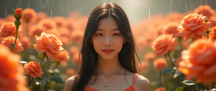 Beautiful Korean American girl with long hair standing facing the camera in the middle of an orange rose garden, very beautiful and cinematic look , aistetic orange rose garden , glowing face,  rain atmosphere , senyum manis