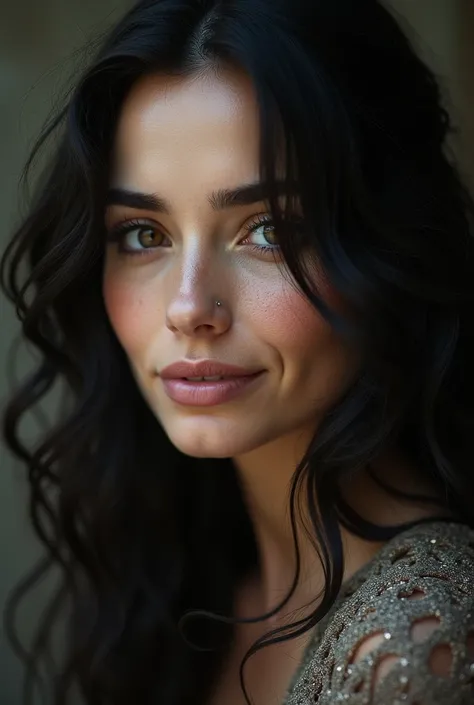 Create a woman with wavy dark hair ,  deep brown eyes that reflected strength and sadness ,  Her shy smile and graceful manner conveyed a mixture of sweetness and resilience,  making her memorable not only for her appearance ,  but for the silent force she...