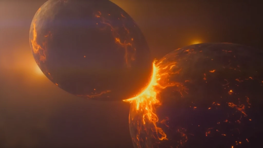  The image shows a vision of a planet with a dense atmosphere , where the surface is covered by lava rivers and the light of the central planet shines brightly. On the horizon,  the planet seems to be illuminated by an explosion ,  highlighting the energy ...