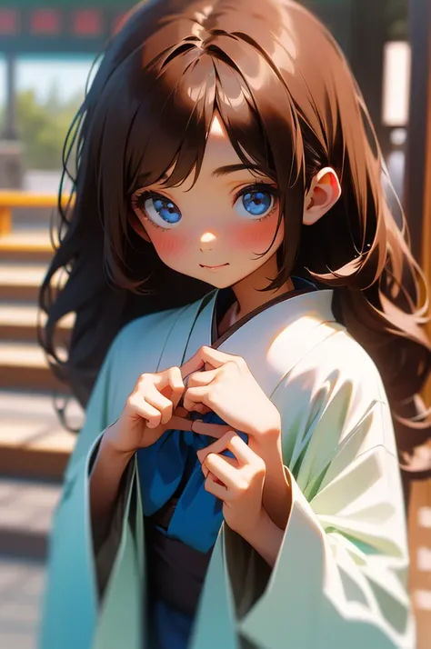 Create a cute  girl with long brown hair and a kimono with a blue bow