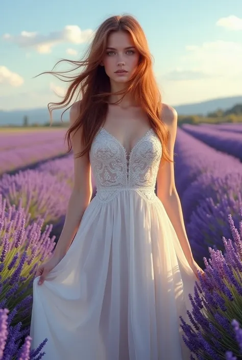 Design a photo-realistic portrait of a beautiful woman dressed in a flowing white gown, standing amongst a field of lavender. The sunlight catches the delicate details of her dress, creating a soft, ethereal glow