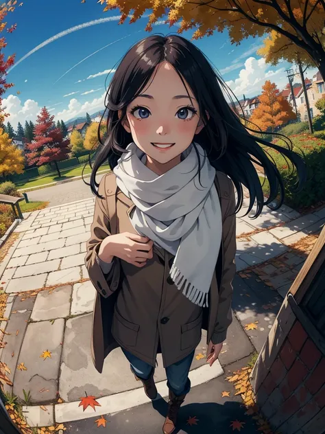 masterpiece，  best quality ， High image quality ，(  super flat  ,    Flat Shading   )， Fisheye Lens ， Beautiful Young Mother and Cute Daughter，   warm scarf， (naked)，Long Hair， boots, smile, smile，White Breath，fun, play，White Breath，Autumn park garden， fal...