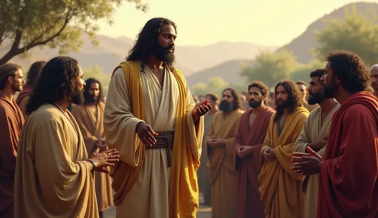 Black Jesus with tattered clothes talking to his disciples and many followers around about the beatitudes