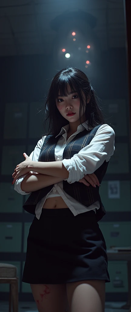 ((Horror depictions:1.9, 32K:1.8, Photographically:1.8,  best quality, masterpiece,  ultra high resolution)),   High Resolution Skin and Face Textures ,  professional low angle camera work,  cinematic writing, ( sexy:0.5, Tall Japanese Woman:1.0, OL:1.3, B...