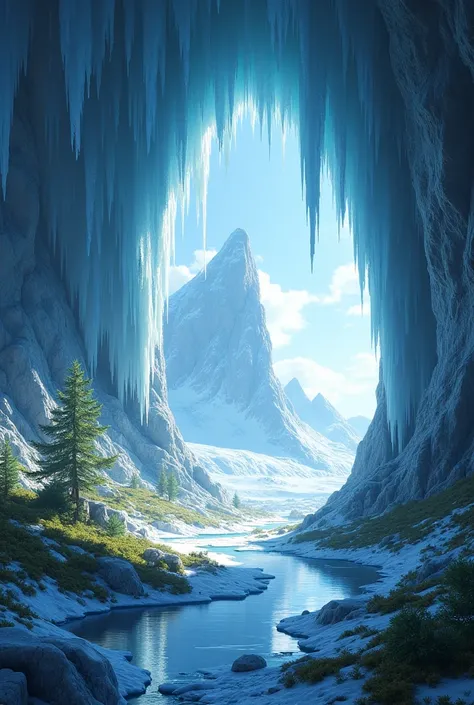 Beautiful realistic north pole with vegetation, Hanging ice crystals, cave 