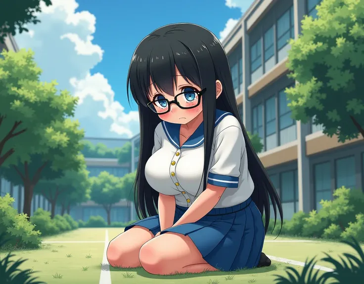 anime, A very fat girl,  with pimples on the head , black haired,  blue eyes ,  with black lenses ,  wearing school uniform, blue skirt and white shirt ,  sitting on the schoolyard,  sad, crying.