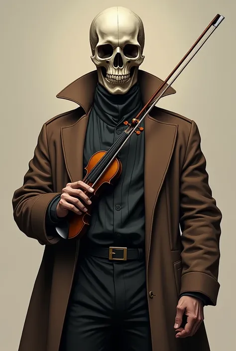 a dashing man, Human head and half skull , shooter and violinist, in a brown robe, The left half of the skull and the right head are normal handsome human beings, posing very dashing and feeling cool