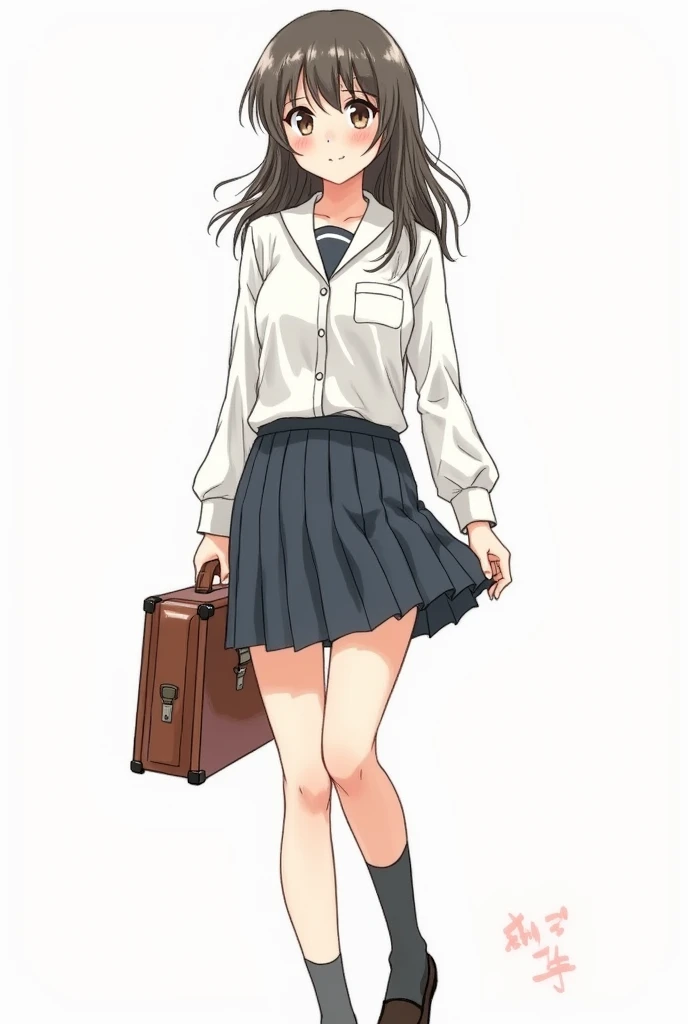 Rough drawing style , Women, dressed in a school uniform , and a traditional Japanese briefcase,  full body  , with the short half-raised skirt