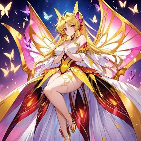 The woman from the ugly butterfly devil who is the wife of the king of butterflies and is hugged and loved by each other is a blonde Fate Testarossa, wears a bright butterfly devil dress, becomes a butterfly with her hands and feet, and her belly becomes a...