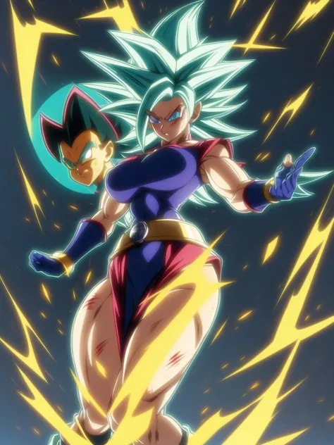 dbsuper style, 
girl, green aura, super saiyan aura, belt, ocean-green colored hair, huge hair, bruise, bruise on face, clenched...