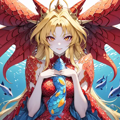 The ugly fishman who is the wife of the fish demon king and hugs and loves each other is the blonde Fate Testarossa, wears the fish devil queens scale dress, her hands and feet become fish, fish scales grow all over her body, and her body becomes a fish co...