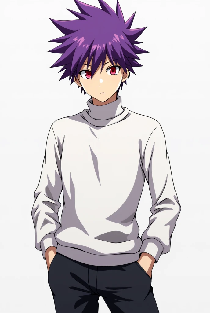 Anime character, male hunter x hunter, spiky hair, purple hair, , white sweater, black pants, red eyes