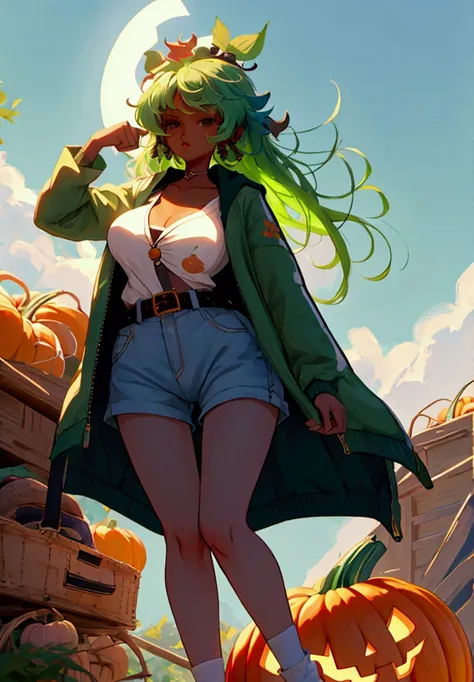 Tanned, Pumpkin head, shorts,  pointing at the sky ,  green hair,  open white blouse , farm, Leaf hair ,  dark green jacket, brown belt,  Pumpkin girl , naked tits outside  , breasts out