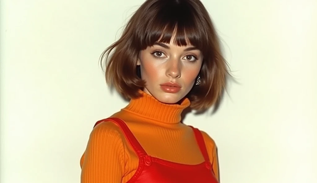 Completely white background, Young Woman, short brown hair with straight bangs, orange sweater and red skirt, fair skin, natural and detailed brown strands, large intelligent brown eyes, compact body Photo taken at night, 1970s dark fantasy aesthetic, huma...