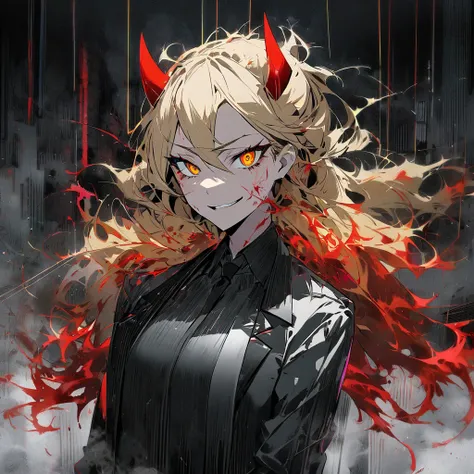 "An anime-style portrait of Power, reimagined with a sleek office aesthetic. She has shoulder-length, slightly messy blonde hair, with small, sharp horns protruding from her head. Her eyes are intense and fiery, blending shades of vibrant red and yellow, e...