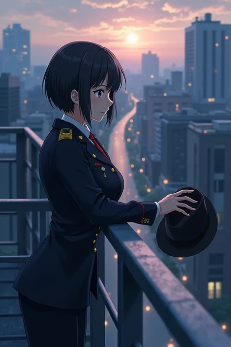 Anime realistic style, path to nowhere art style, Langley, female mbcc chief, leaning on rooftop railings, Langley gives her hat to chief