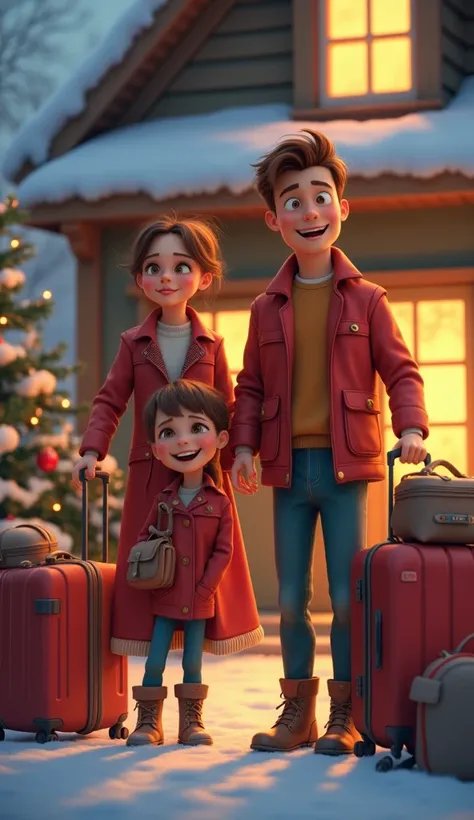 "A family organizing suitcases in front of a house, with expressions of excitement and anticipation for the Christmas trip."