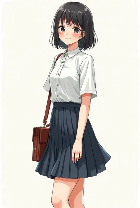 Rough drawing style , Women, dressed in a school uniform , and a traditional Japanese briefcase,  full body  , with the short half-raised skirt