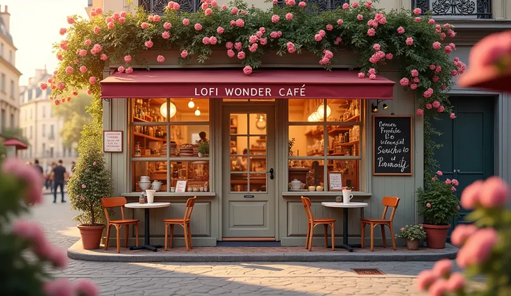  cafe in Paris 、The sign reads:「Lofi Wonder Cafe」、Cafe facade decorated with pink flowers with a terrace and outdoor dining tables with 、 signs &Quotes、Small cafe&Quotes、 morning time、Beautiful sunrise 