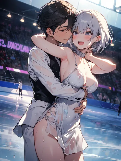 (NSFW:1.2) 、 sexy、  dynamic angle  、  Details、Perfect body、 smile、Star,（  small breasts ) ,  Silver Short Hair 、(( Detailsな膣))、 white dress、(((sweat)))、((( Wet )))、(( figure skating))、( skating rink)、((Ice show ))、((A large number of people))、((dynamic、Pow...