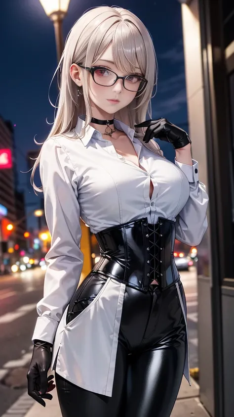  Best Quality , ( masterpiece:1.3), ultra-detail,  detailed face , (highres:1.1), 1 girl, slim,  big breasts, standing, ,  view from the front, Mirando al espectador, long gray hair, detailed eyes, crimson red eyes, wears glasses,  choker :1.6, (( white bu...